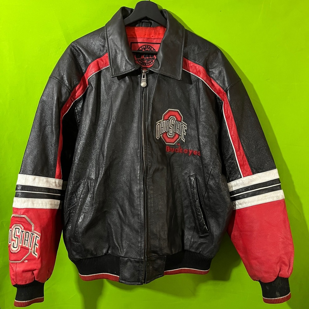 Global Identity Ohio State Buckeyes Leather Bomber Jacket Mens Large Black Red - Picture 2 of 6